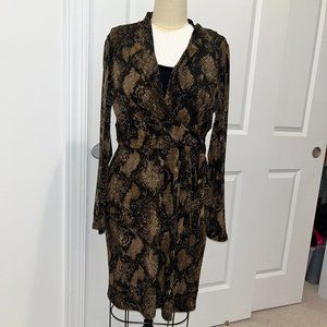 Tahari Dress Brown Tan Snakeskin Draped Surplice Dress Women 6